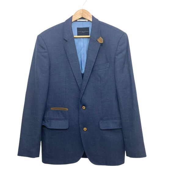 Tommy Hilfiger Tailored Fitted Textured Blue Blazer w/ Elbow Patches 48 / US M - Picture 2 of 13
